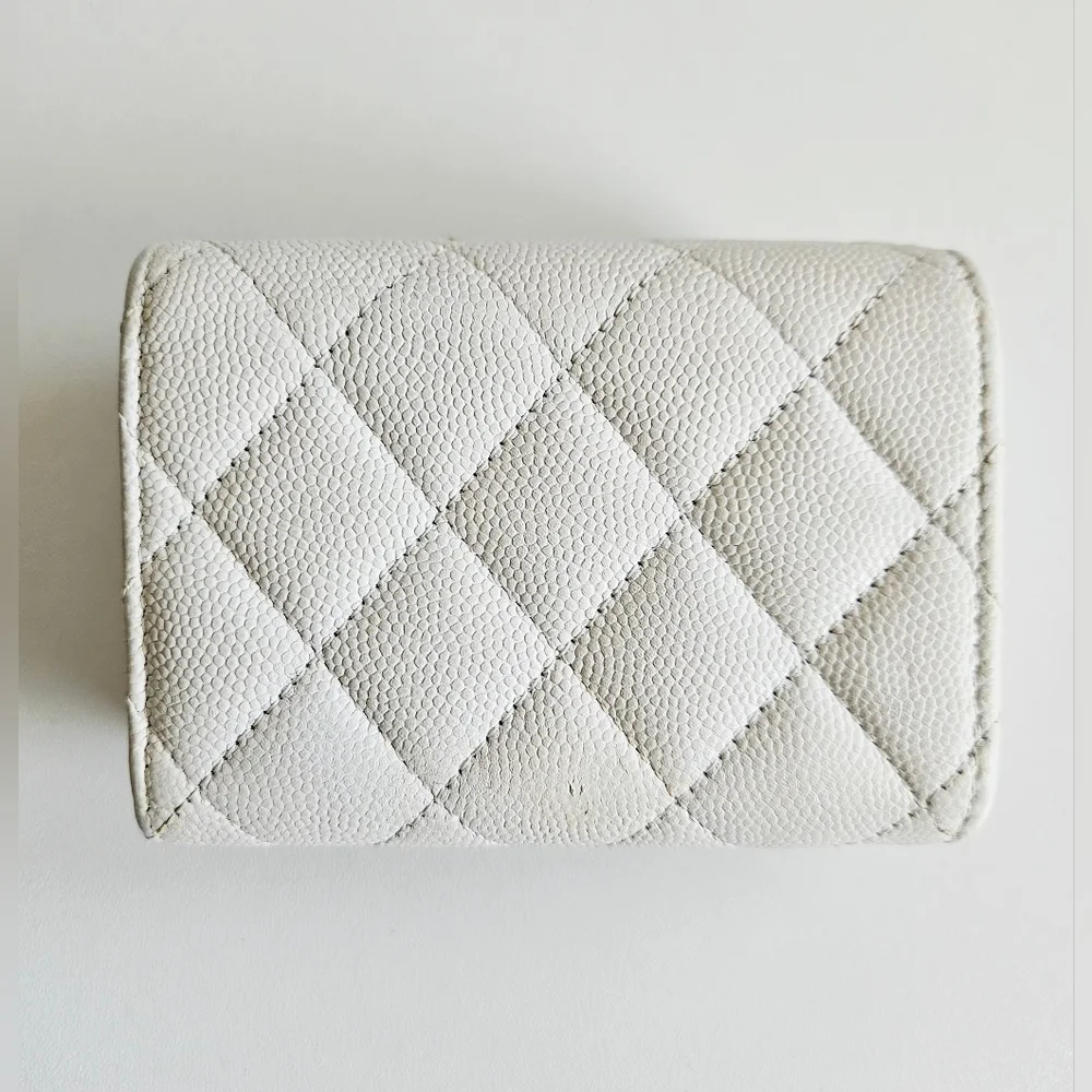 Chanel White Compact Tri-fold Caviar Leather Wallet With Pink Interior